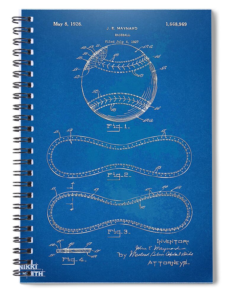 Baseball Spiral Notebook featuring the digital art 1928 Baseball Patent Artwork - Blueprint by Nikki Smith
