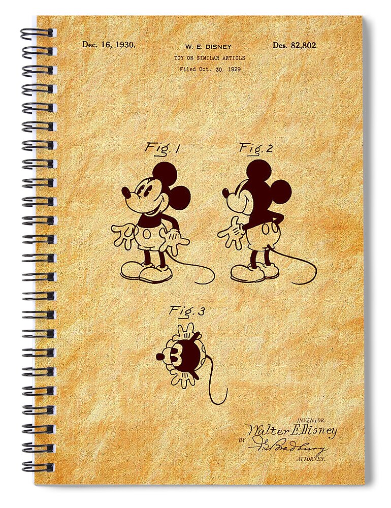 Mickey Mouse Spiral Notebook featuring the photograph 1930 Mickey Mouse Toy Patent Art by Barry Jones