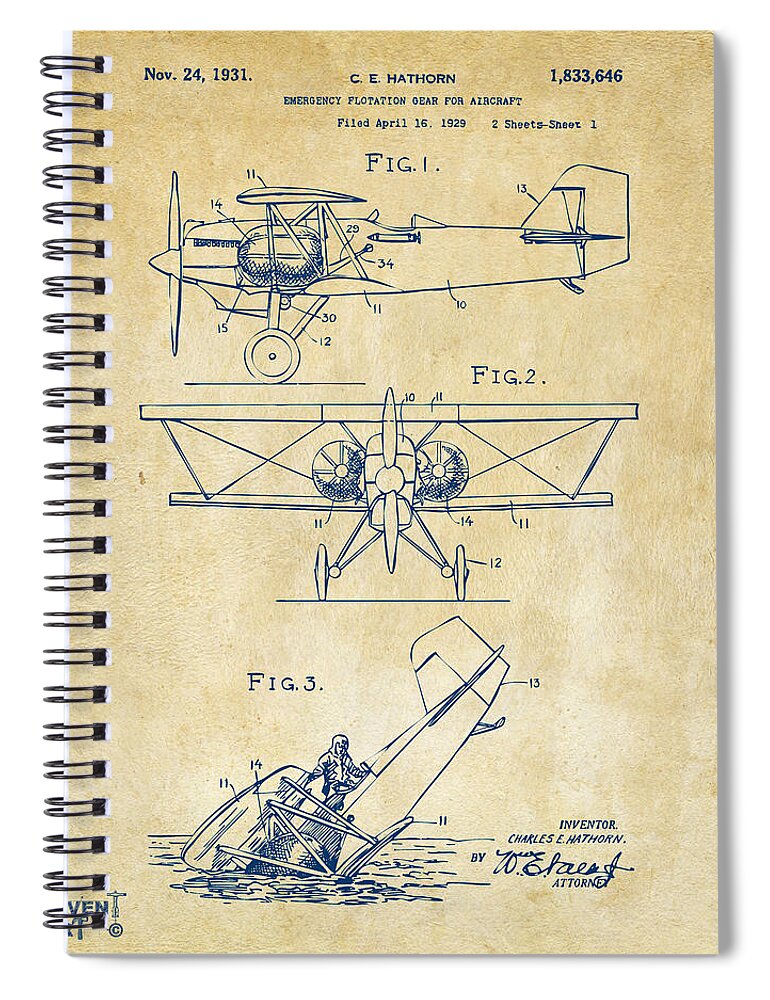 Aircraft Spiral Notebook featuring the digital art 1931 Aircraft Emergency Floatation Patent Vintage by Nikki Marie Smith