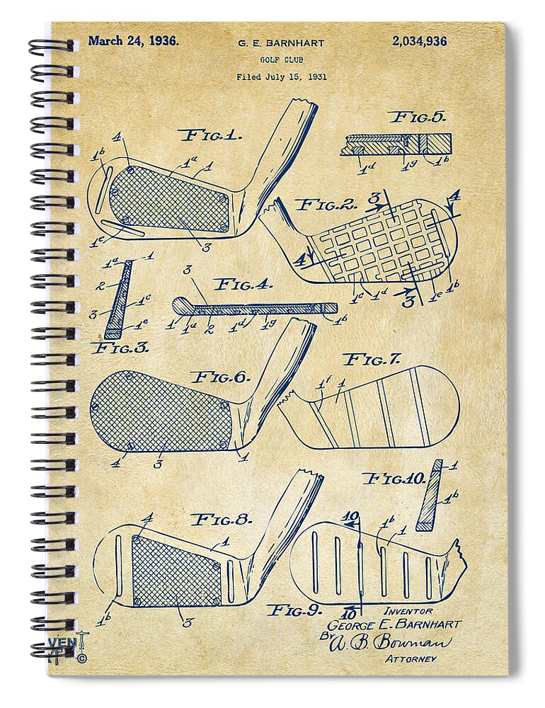 Golf Spiral Notebook featuring the digital art 1936 Golf Club Patent Artwork Vintage by Nikki Marie Smith