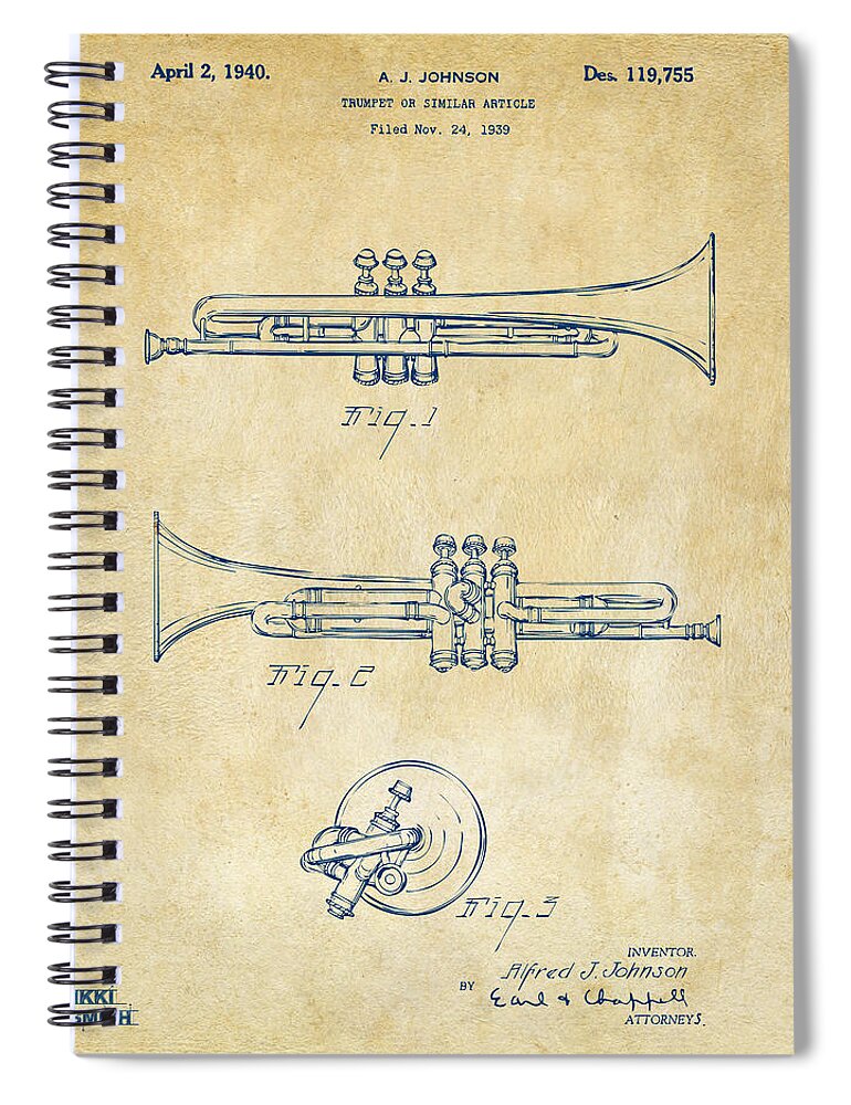 Trumpet Spiral Notebook featuring the drawing 1940 Trumpet Patent Artwork - Vintage by Nikki Marie Smith