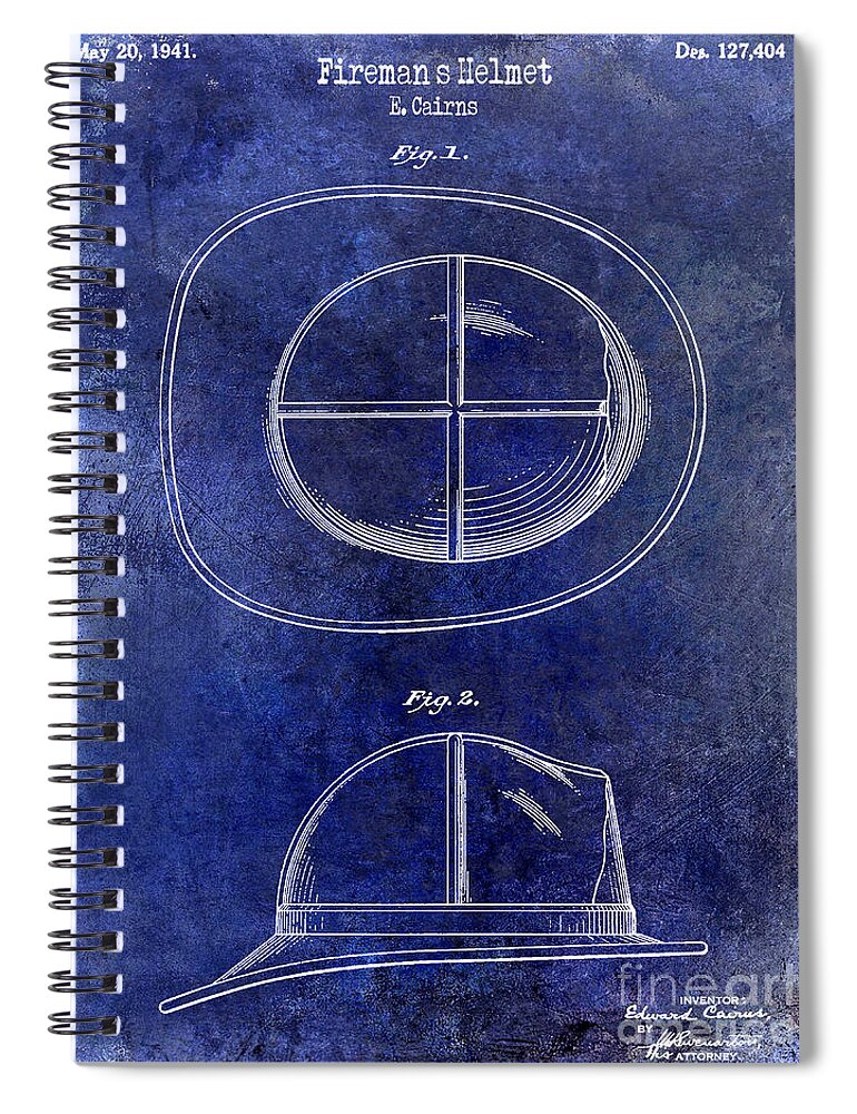 1941 Firemans Helmet Patent Drawing Spiral Notebook featuring the photograph 1941 Firemans Helmet Patent Drawing Blue by Jon Neidert