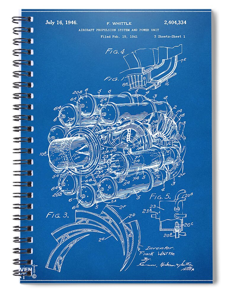 Jet Spiral Notebook featuring the digital art 1946 Jet Aircraft Propulsion Patent Artwork - Blueprint by Nikki Marie Smith