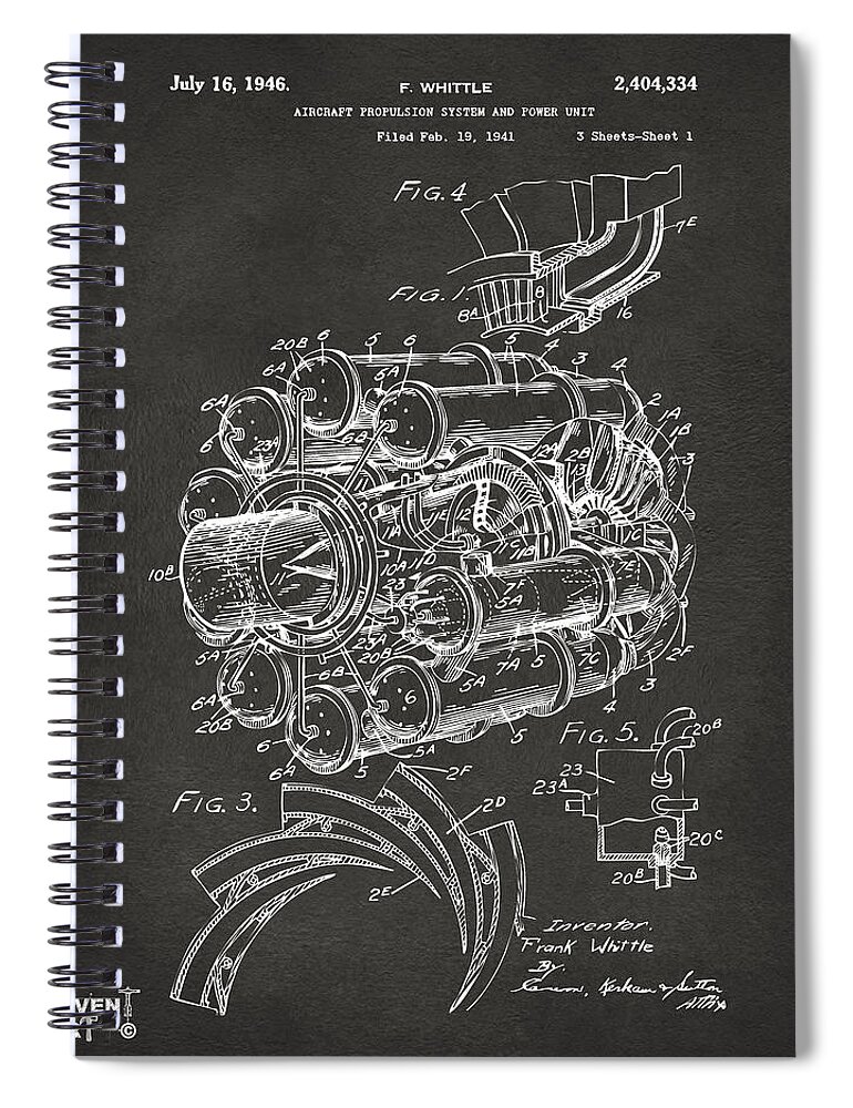 Jet Spiral Notebook featuring the digital art 1946 Jet Aircraft Propulsion Patent Artwork - Gray by Nikki Marie Smith