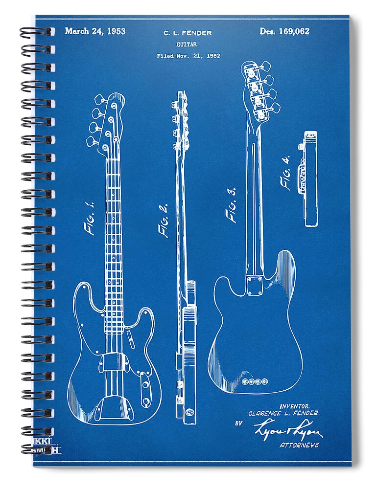 Fender Guitar Spiral Notebook featuring the drawing 1953 Fender Bass Guitar Patent Artwork - Blueprint by Nikki Marie Smith