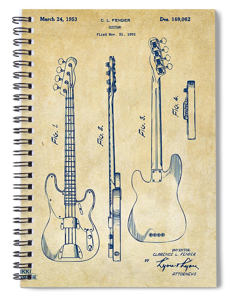 Fender Guitar Spiral Notebook featuring the digital art 1953 Fender Bass Guitar Patent Artwork - Vintage by Nikki Marie Smith