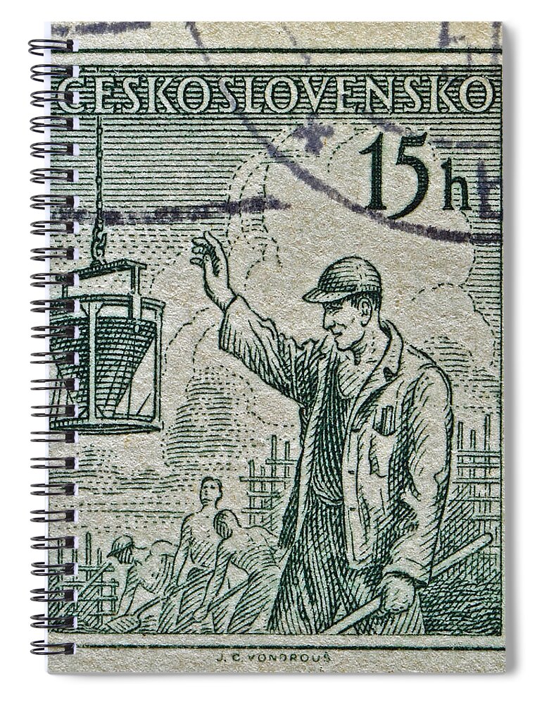 1954 Spiral Notebook featuring the photograph 1954 Czechoslovakian Construction Worker Stamp by Bill Owen