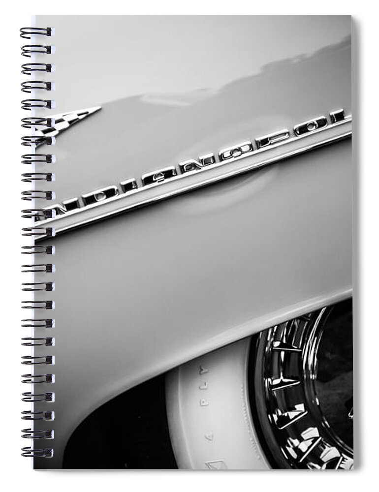 1955 Lincoln Indianapolis Boano Coupe Emblem Spiral Notebook featuring the photograph 1955 Lincoln Indianapolis Boano Coupe Emblem -0295bw by Jill Reger