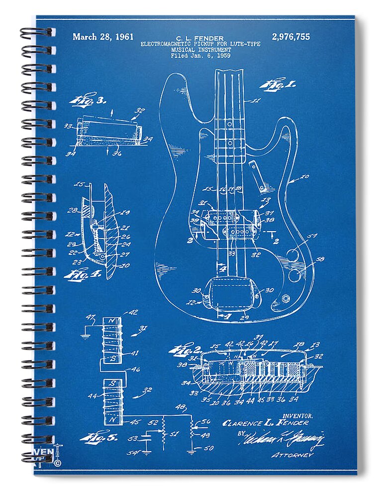Guitar Spiral Notebook featuring the digital art 1961 Fender Guitar Patent Artwork - Blueprint by Nikki Marie Smith
