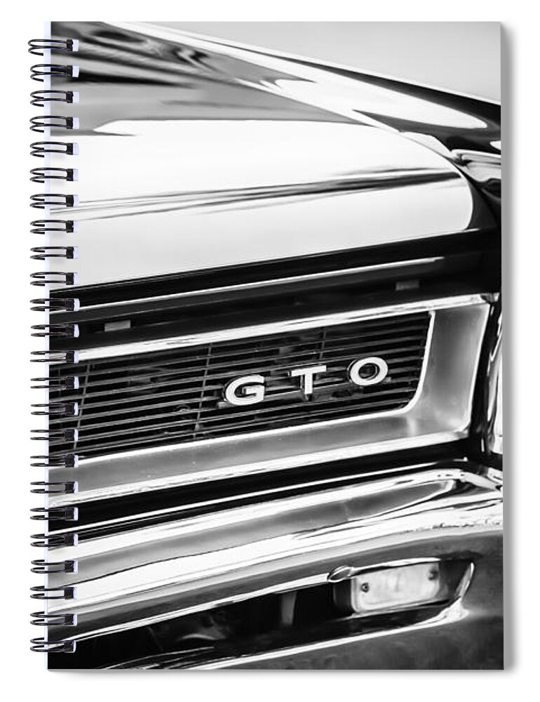 1965 Pontiac Gto Grille Emblem Spiral Notebook featuring the photograph 1965 Pontiac GTO Grille Emblem -044bw by Jill Reger