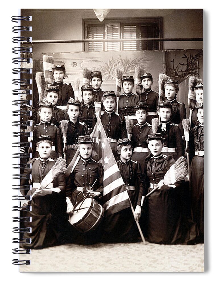 Retro Spiral Notebook featuring the photograph 19th C. Female Cadets armed with Brooms by Historic Image