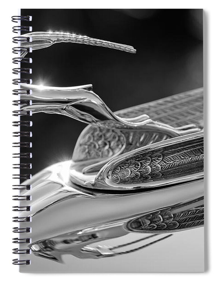 1933 Chrysler Imperial Spiral Notebook featuring the photograph 1933 Chrysler Imperial Hood Ornament -0484BW by Jill Reger