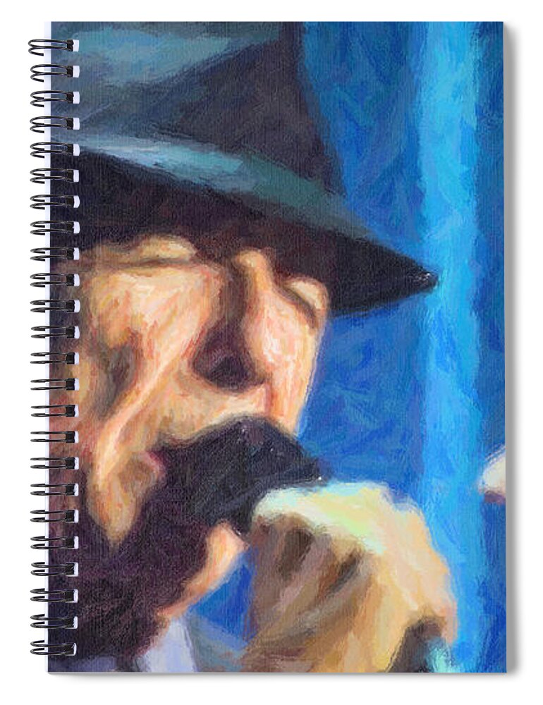 Leonard Cohen Spiral Notebook featuring the digital art Leonard Cohen in concert 2013 #2 by Liz Leyden