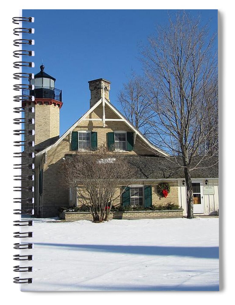 Winter Spiral Notebook featuring the photograph McGulpin Point Lighthouse in Winter by Keith Stokes