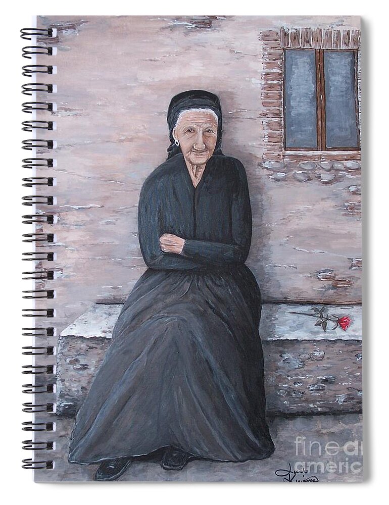 Old Lady Spiral Notebook featuring the painting Old Woman Waiting by Judy Kirouac