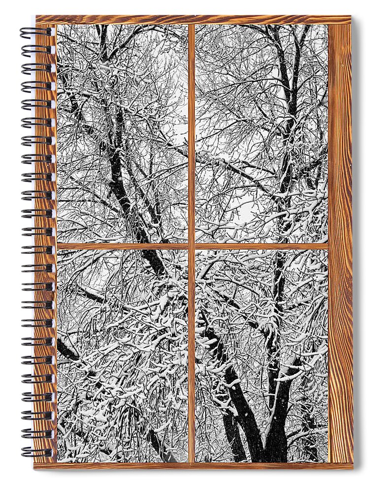 Windows Spiral Notebook featuring the photograph Snowy Tree Branches Barn Wood Picture Window Frame View #2 by James BO Insogna