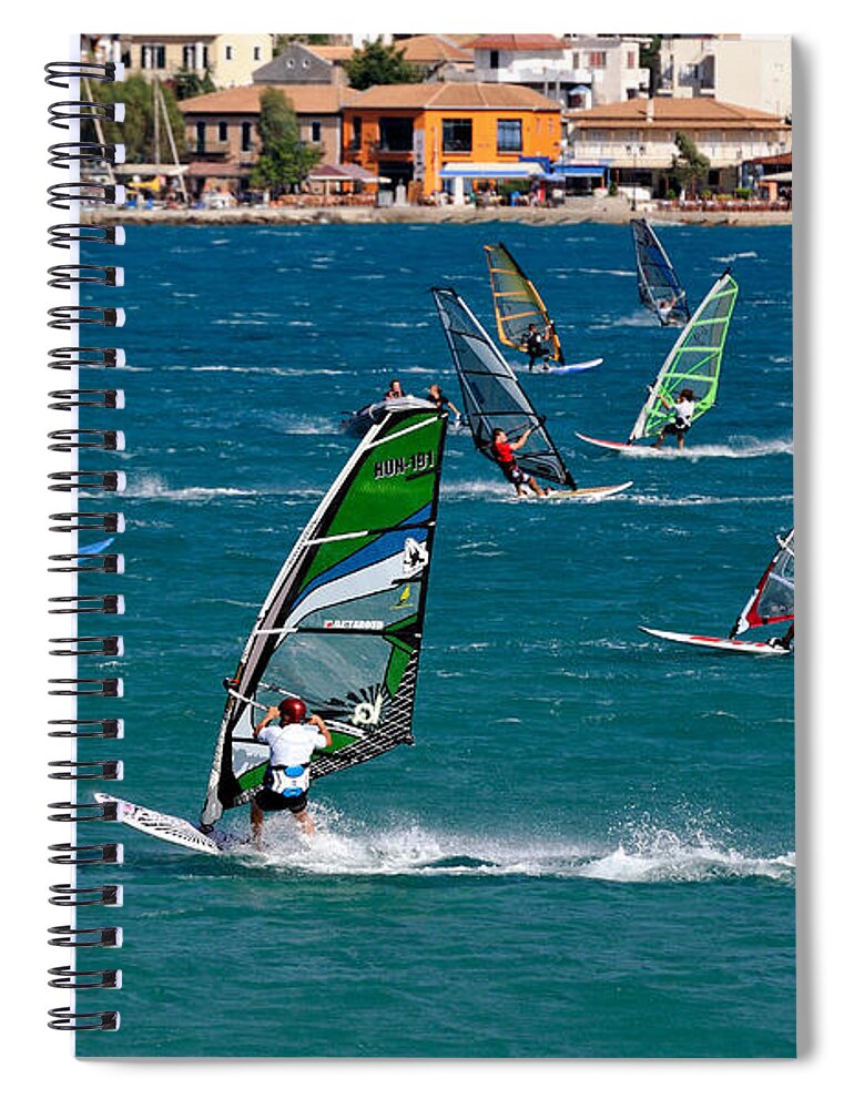 Lefkada; Lefkas; Vasiliki; Bay; Windsurfing; Windsurf; Windsurfer; Surfer; Surfing; Sports; Water Sports; Action; Activity; Sailboarding; Greece; Hellas; Greek; Hellenic; Summer; Sail; Board; Waves; Wind; Windy; Rough; Sea; Water; Exercise; Recreation; Amusement; Entertainment; Excitement; Exciting; Outdoors; Islands; Holidays; Island; Vacation; Travel; Trip; Voyage; Journey; Tourism; Touristic; Framed Prints Spiral Notebook featuring the photograph Windsurfing in Vasiliki bay by George Atsametakis
