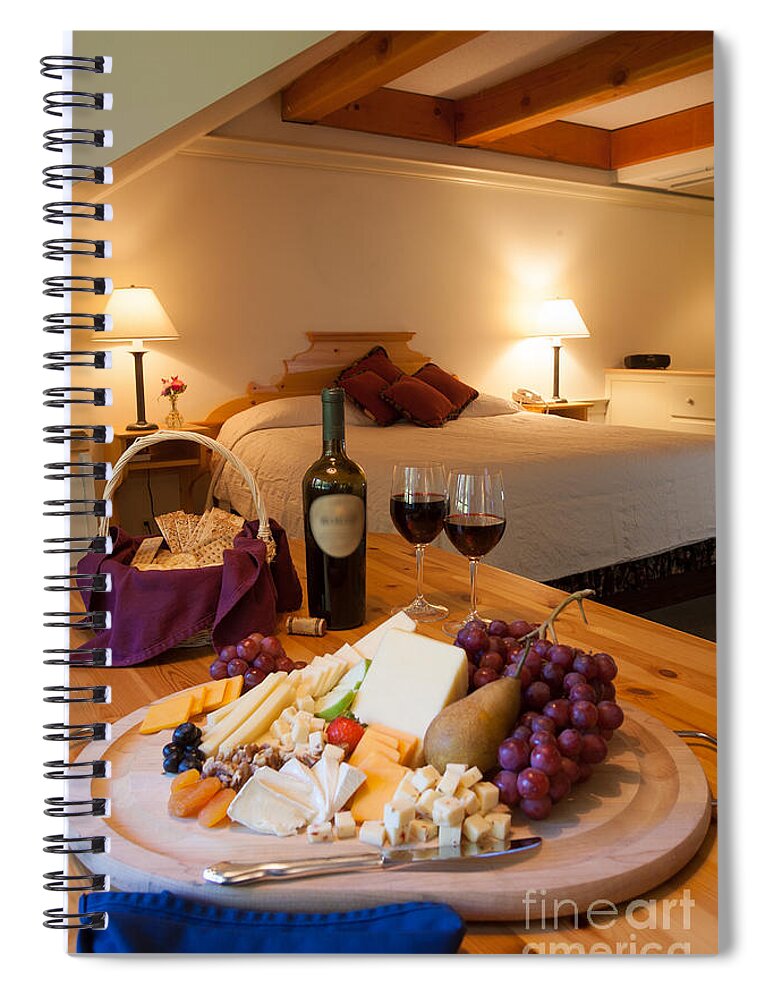 New England Spiral Notebook featuring the photograph Wine and cheese in a luxurious hotel room. #2 by Don Landwehrle