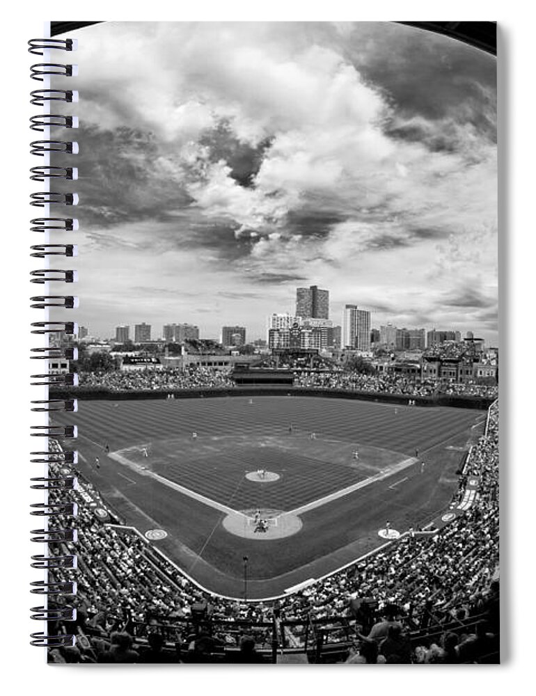 Wrigley Field Spiral Notebook featuring the photograph Wrigley Field black and white art by Greg Wyatt