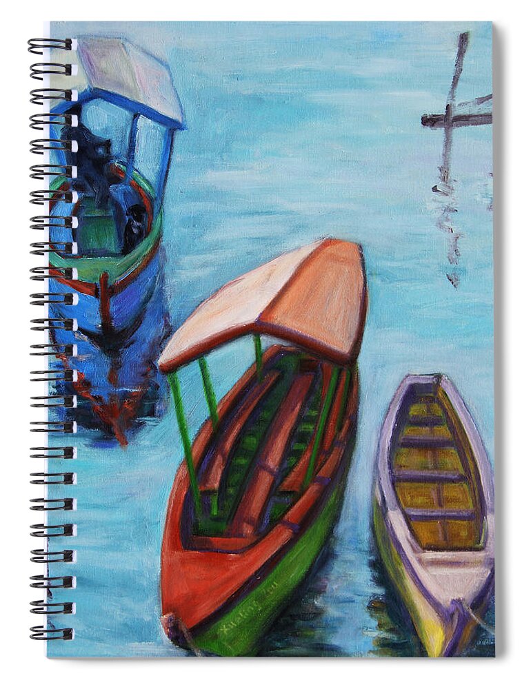Landscape Spiral Notebook featuring the painting 3 Boats III by Xueling Zou
