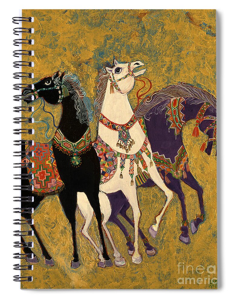 Three Spiral Notebook featuring the painting 3 Horses by Laila Shawa