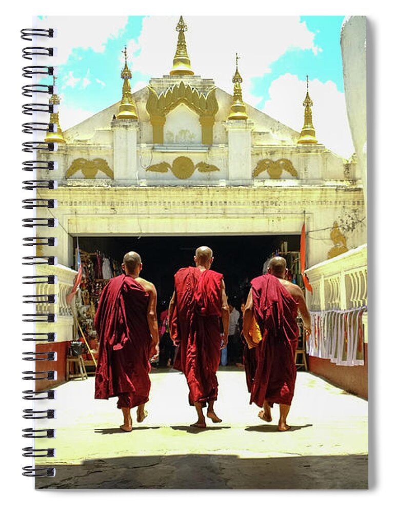 Pagoda Spiral Notebook featuring the photograph 3 Monks by Boxedfish