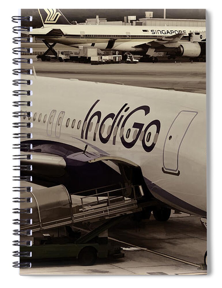 Aerobridge Spiral Notebook featuring the photograph Indigo aircraft getting ready in Changi airport #5 by Ashish Agarwal