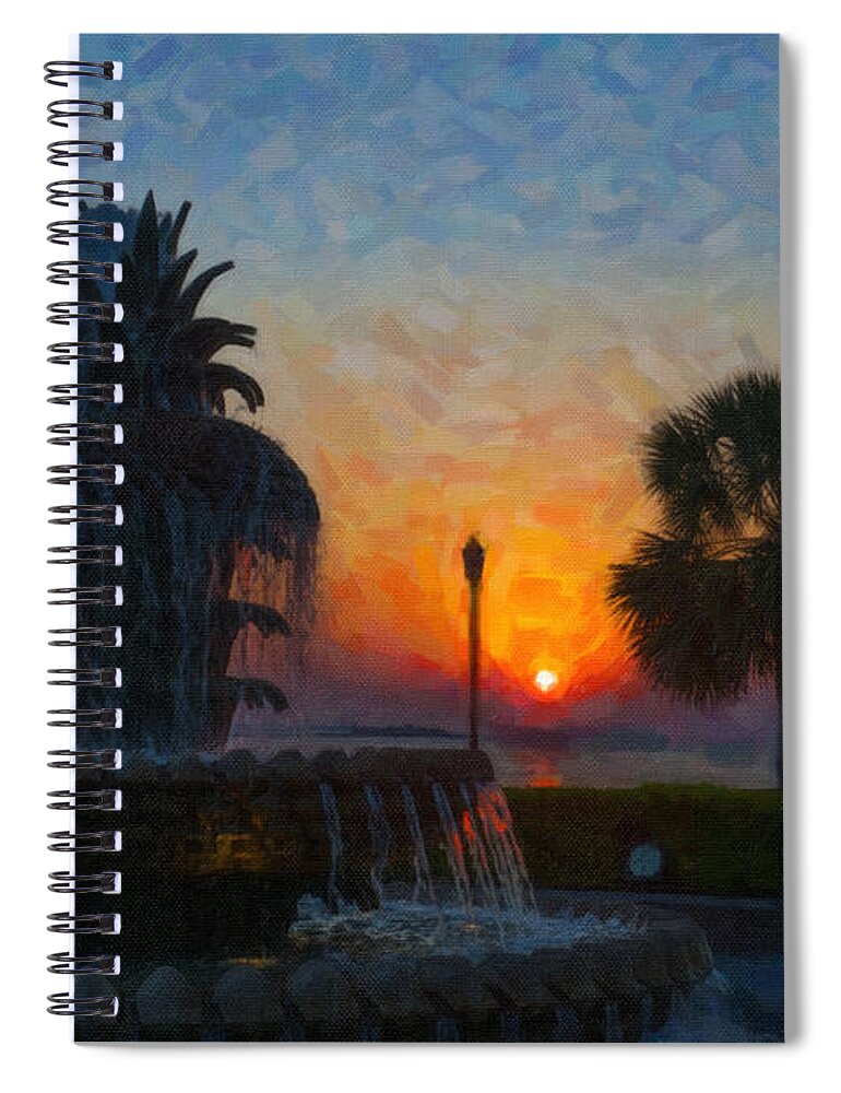 Pineapple Fountain At Waterfront Park In Downtown Charleston Sc Spiral Notebook featuring the digital art Pineapple Fountain at Dawn by Dale Powell