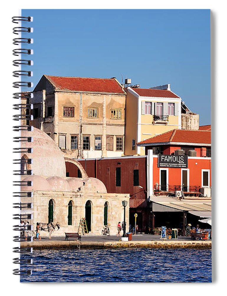 Chania; Hania; Crete; Kriti; Town; Old; City; Port; Harbor; Venetian; Greece; Hellas; Greek; Hellenic; Islands; Sea; People; Tourists; Tradition; Traditional; Island; Building; Buildings; Cafe; Cafeteria; Restaurant; Turkish; Baths; Holidays; Vacation; Travel; Trip; Voyage; Journey; Tourism; Touristic; Summer; Blue; Sky Spiral Notebook featuring the photograph Chania city #6 by George Atsametakis