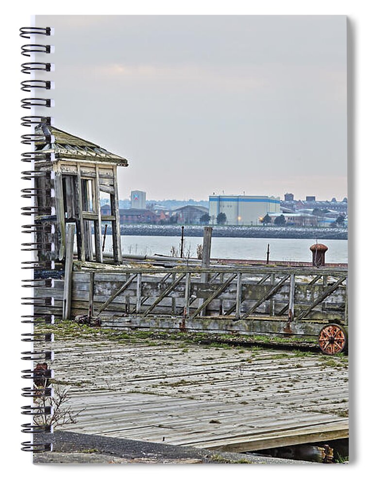 Quay Spiral Notebook featuring the photograph A derelict kiosk on a disused quay in Liverpool by Tony Mills