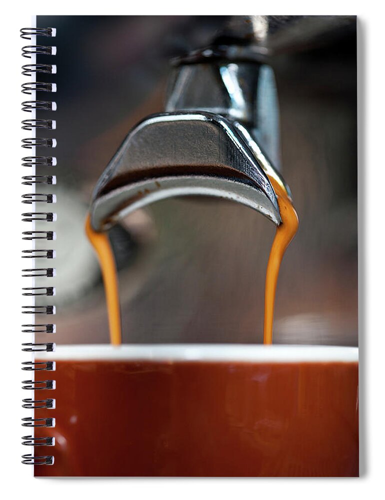 Berlin Spiral Notebook featuring the photograph A Double Shot Of Espresso Being Poured by Halfdark