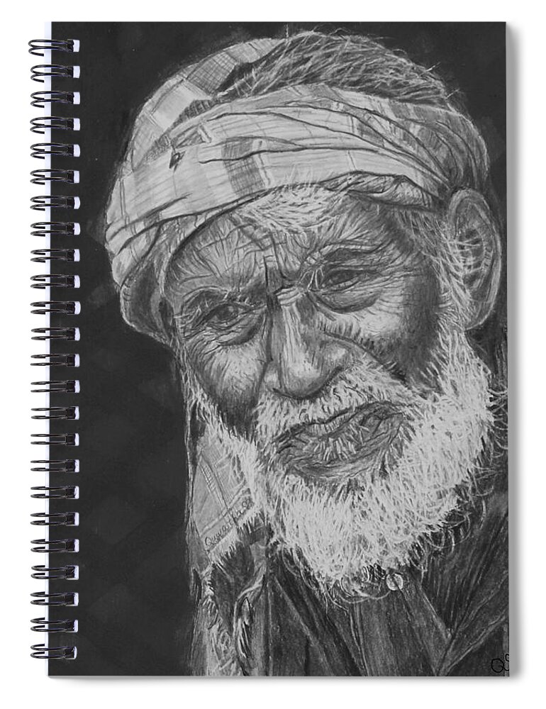 Old Man Spiral Notebook featuring the drawing A Fly on his Turban by Quwatha Valentine