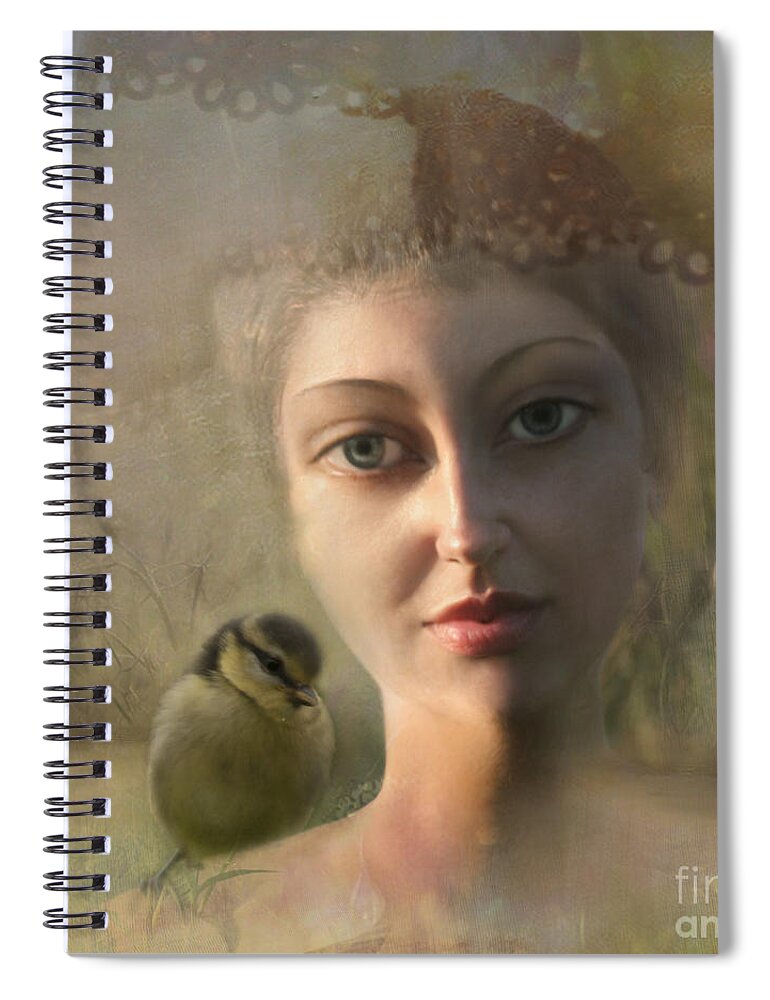 Girl Spiral Notebook featuring the photograph A girl with a little bird on her shoulder by Ang El