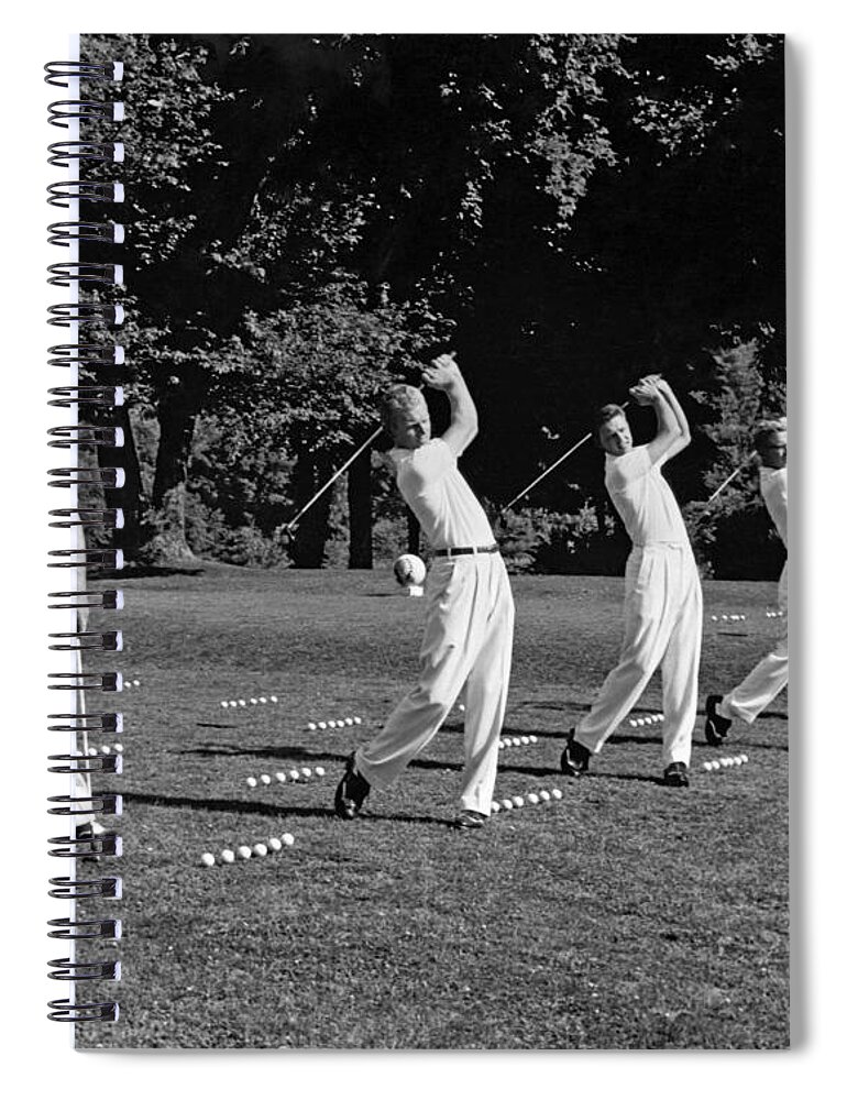 1950s Spiral Notebook featuring the photograph A Golf Driving Demonstration. by Underwood Archives