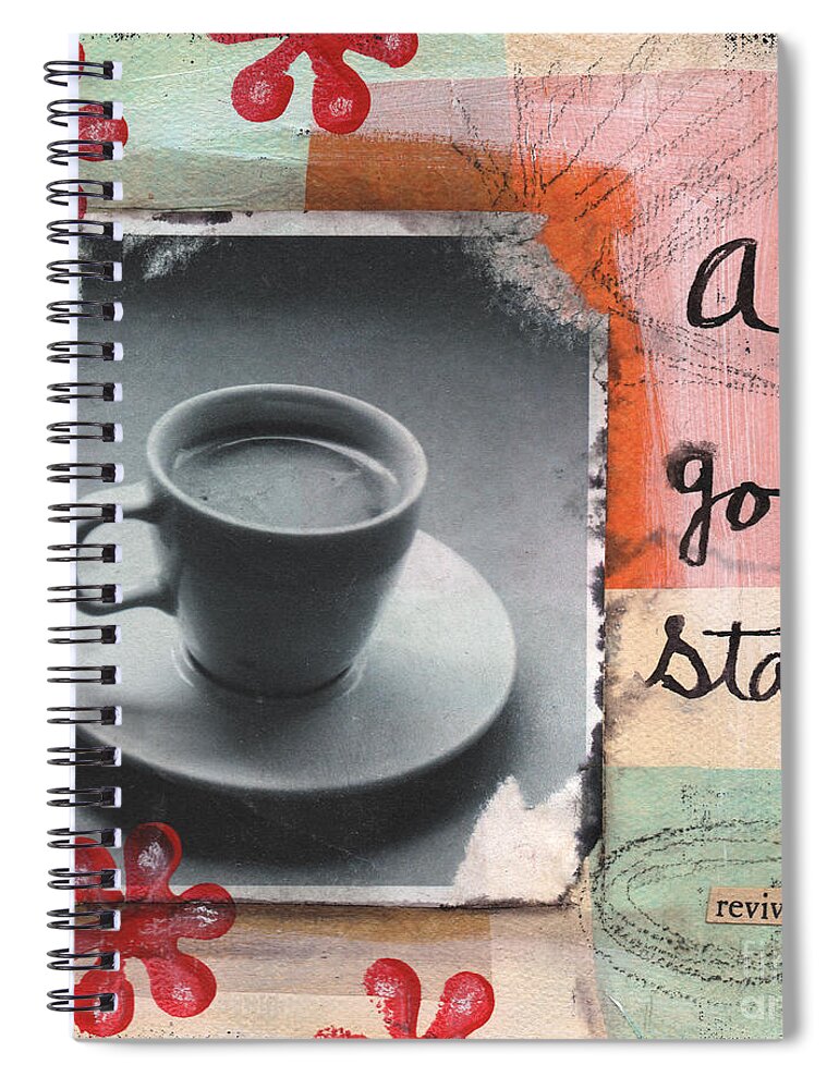 Coffee Spiral Notebook featuring the mixed media A Good Start by Linda Woods
