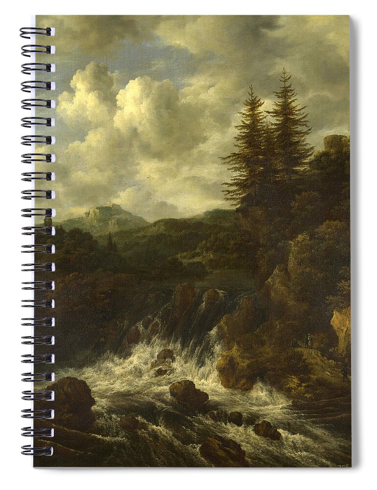Jacob Isaacksz Van Ruisdael Spiral Notebook featuring the painting A Landscape with a Waterfall and a Castle on a Hill by Jacob Isaacksz van Ruisdael
