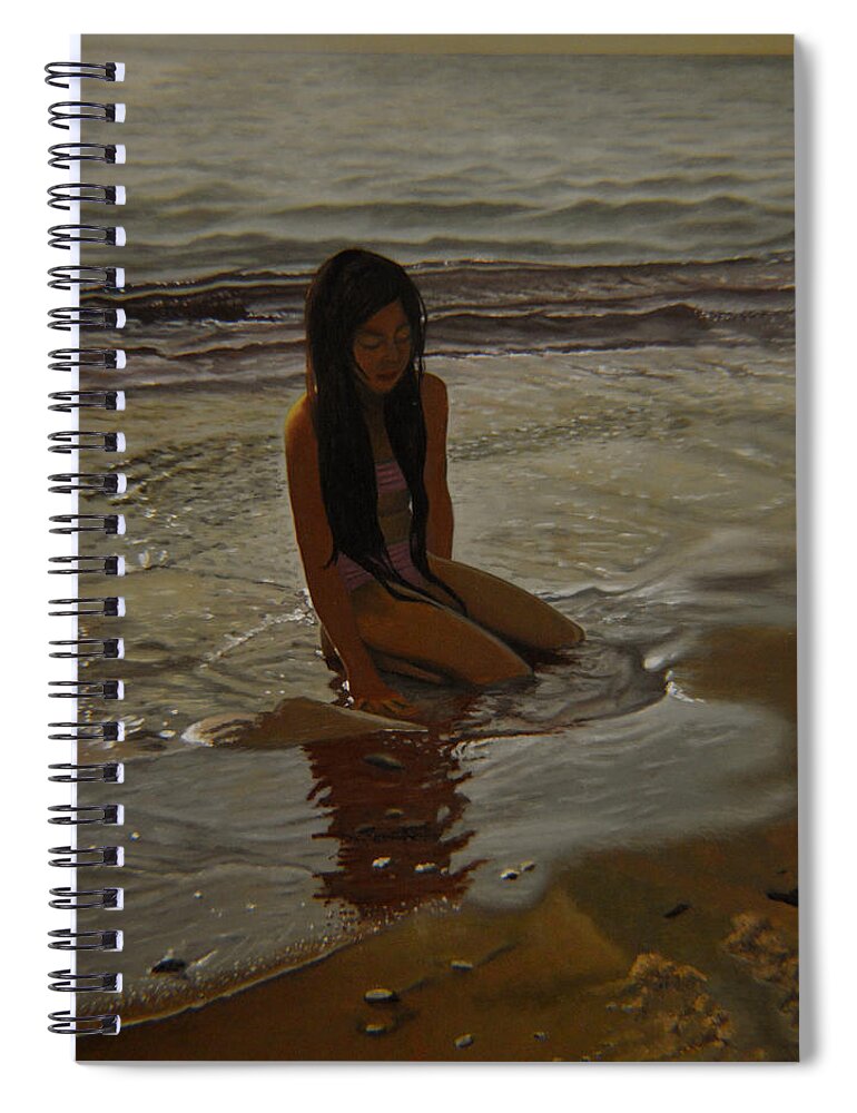 Children Paintings Spiral Notebook featuring the painting A line between ocean and sand by Thu Nguyen
