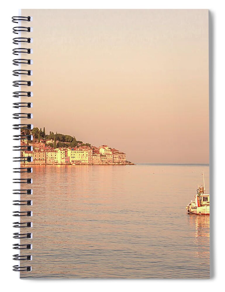 Scenics Spiral Notebook featuring the photograph A Lone Boat In Front Of Rovinj, Croatia by Tu Xa Ha Noi