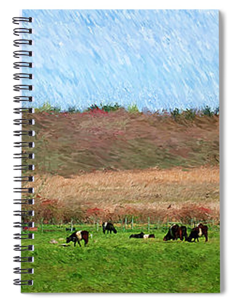 Cow Spiral Notebook featuring the photograph A Painting Cows Grazing and Newport Bridge by Mike Nellums