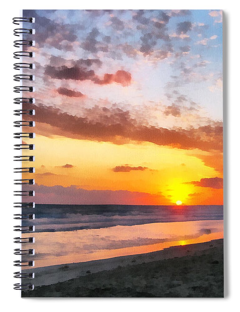  Beach Spiral Notebook featuring the painting A painting of the sunset at sea by Odon Czintos