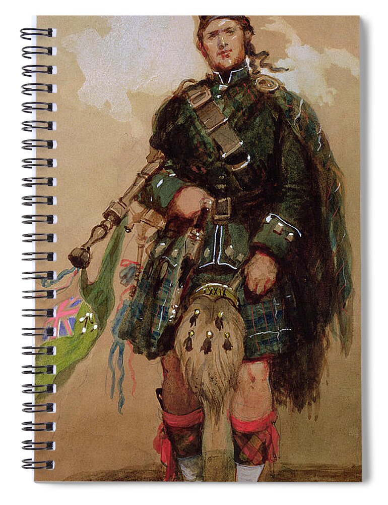 Male Spiral Notebook featuring the painting A Piper of the 79th Highlanders at Chobham Camp by Eugene-Louis Lami