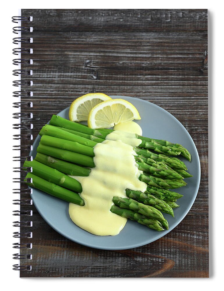 Savory Food Spiral Notebook featuring the photograph A Plate Of Asparagus Topped With by Sbossert