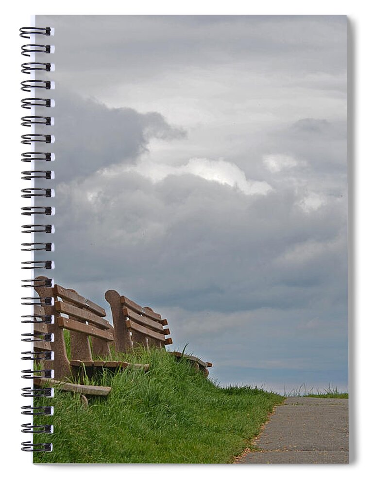 Bench Spiral Notebook featuring the photograph A row of benches in Gloucester MA by Toby McGuire