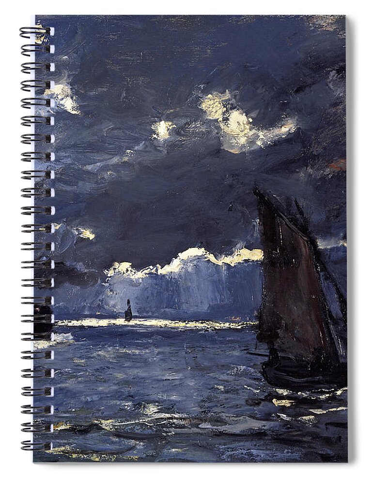 Claude Monet Spiral Notebook featuring the painting A Seascape Shipping by Moonlight by Claude Monet