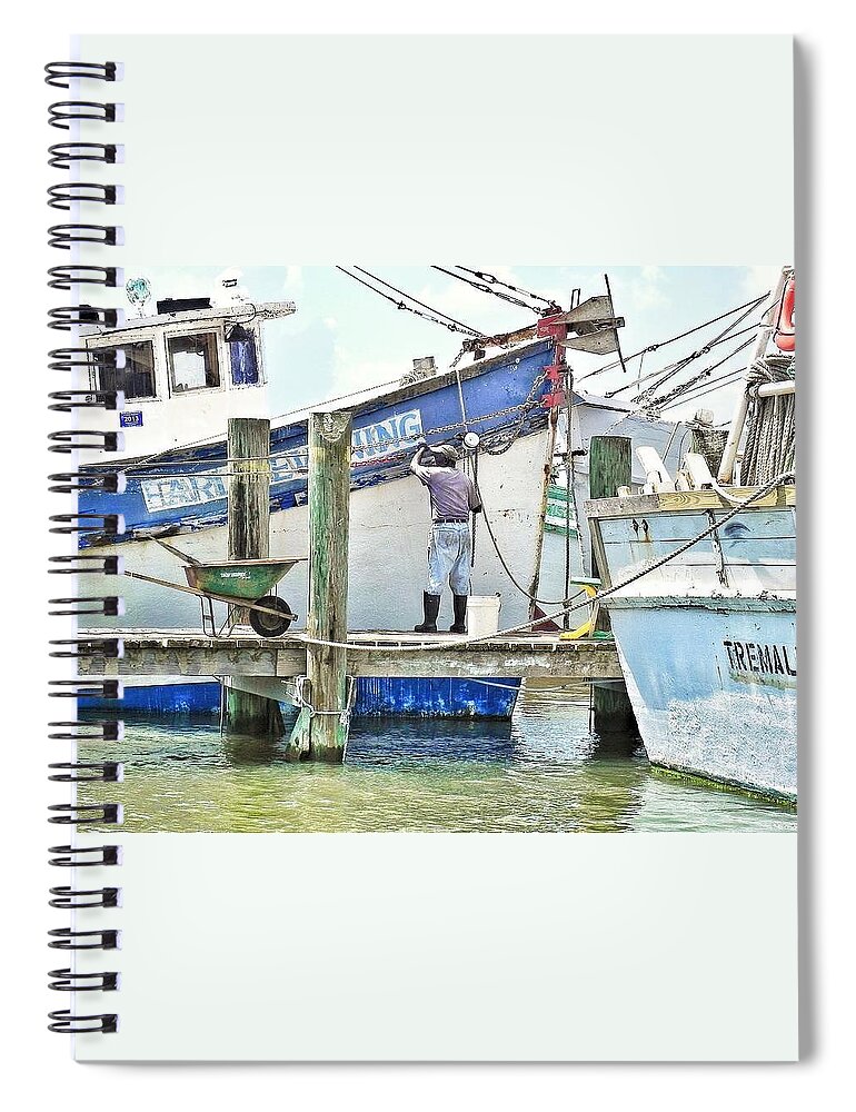 Shrimp Boat Spiral Notebook featuring the photograph A Shrimper's Work Is Never Done by Patricia Greer