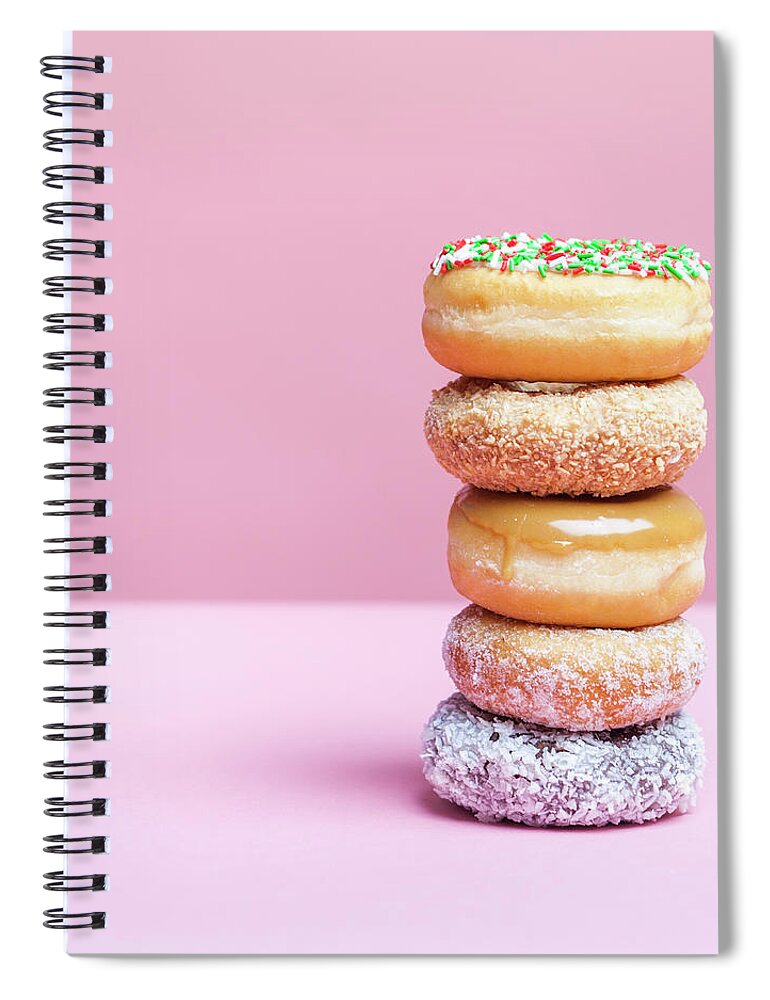 Five Objects Spiral Notebook featuring the photograph A Stack Of Various Donuts by Steven Errico