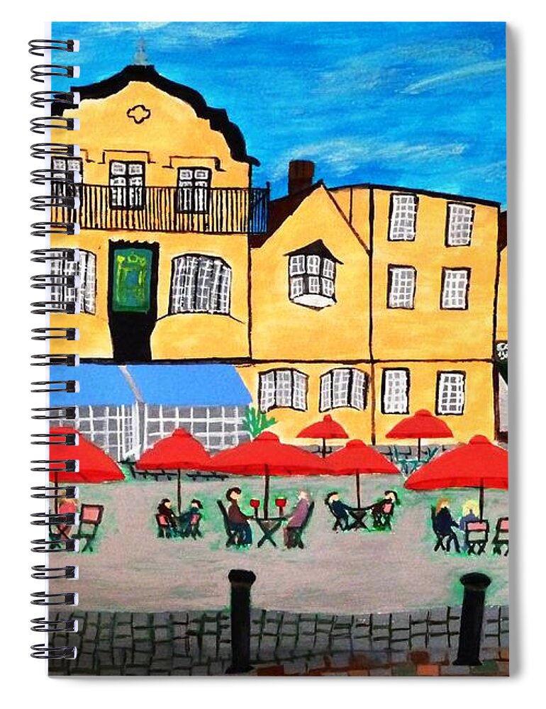Town Spiral Notebook featuring the pyrography A town square on a clear day by Magdalena Frohnsdorff