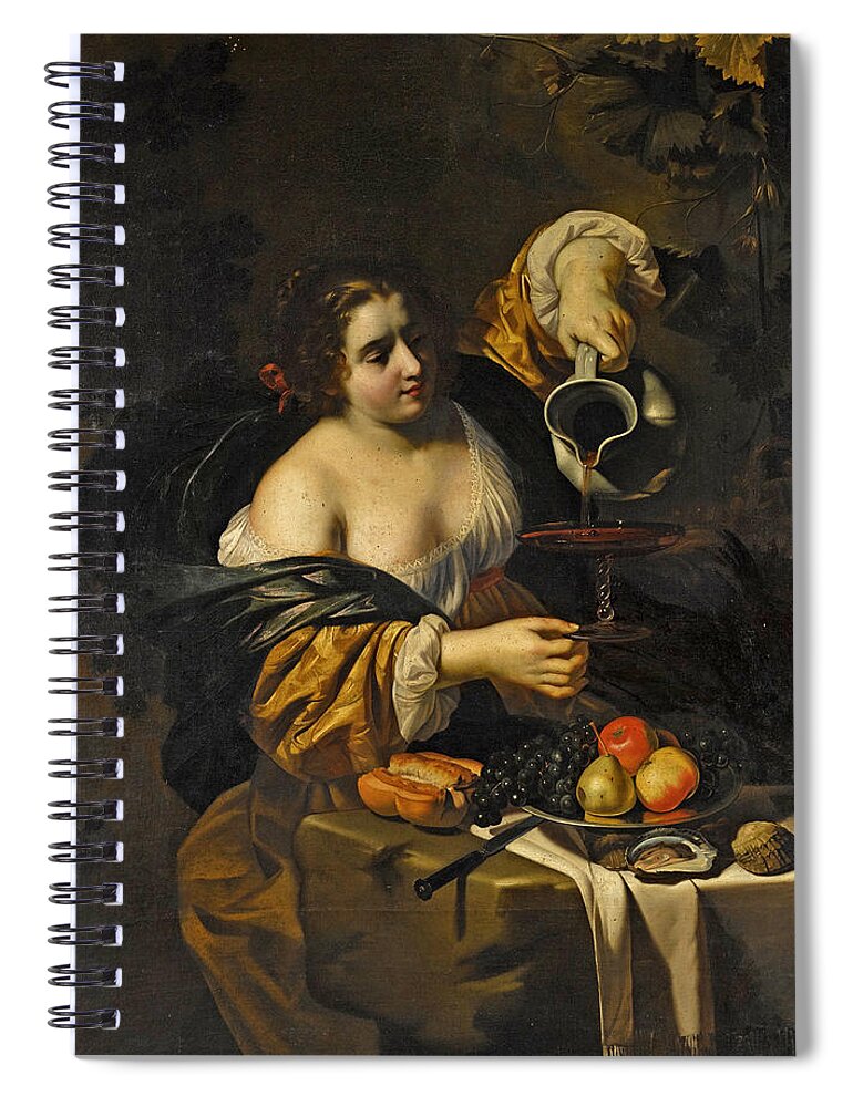 Nicolas Regnier Spiral Notebook featuring the painting A young woman pouring red wine from a pitcher into a glass by Nicolas Regnier