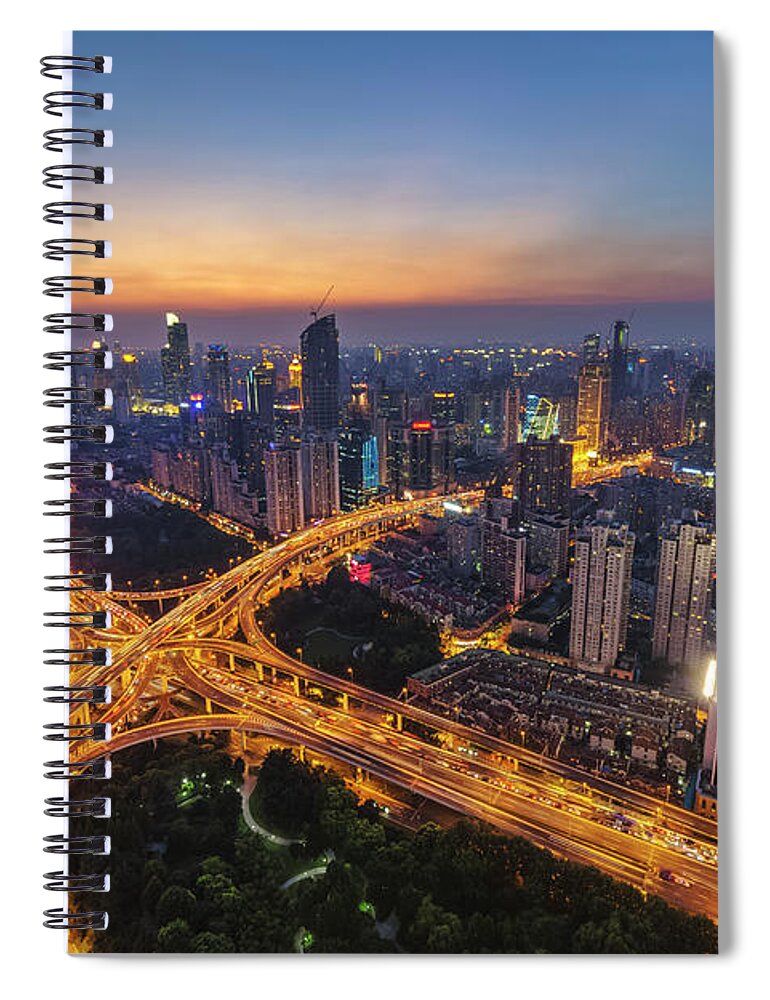 Orange Color Spiral Notebook featuring the photograph Aerial View Of Shanghai Highway by Weiyi Zhu