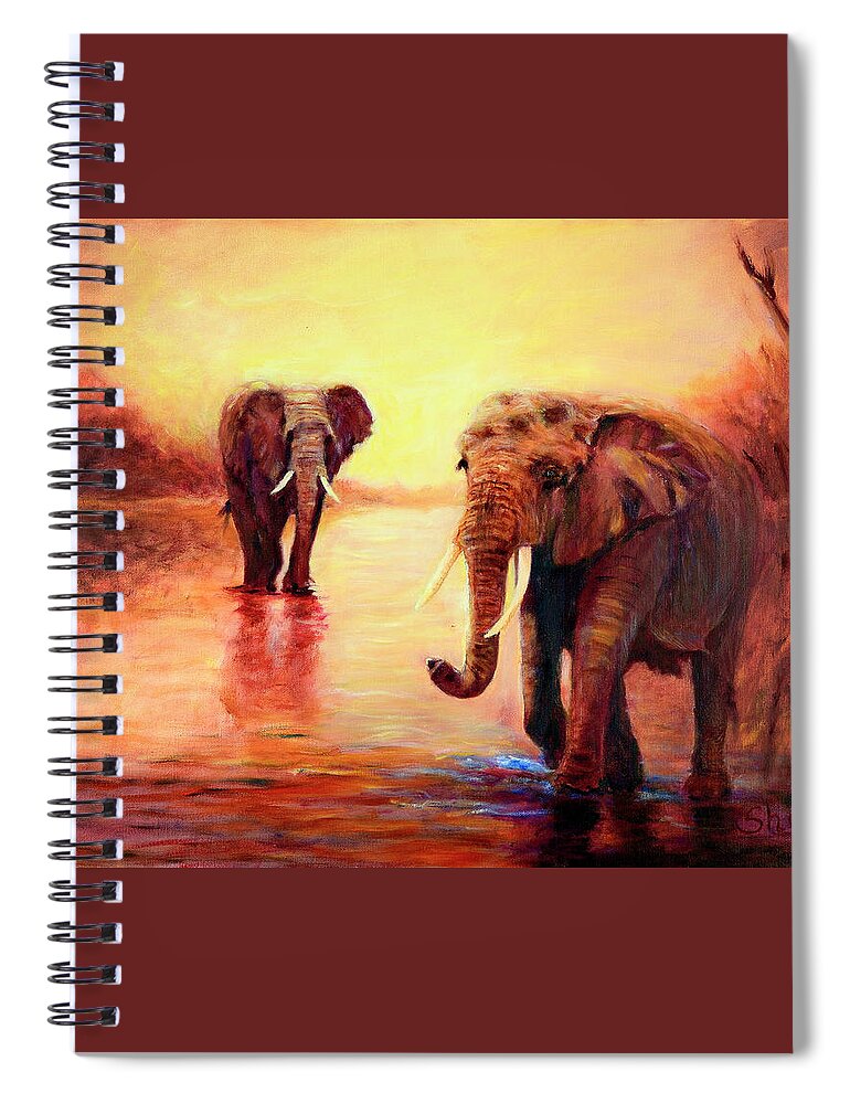 African Elephants Spiral Notebook featuring the painting African Elephants at Sunset in the Serengeti by Sher Nasser